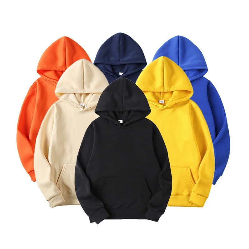 Hoodies in black, yellow, red, and blue colors