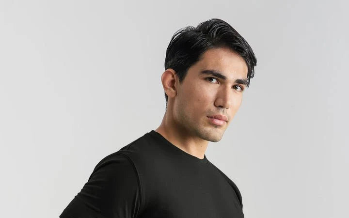 Man wearing a black t-shirt